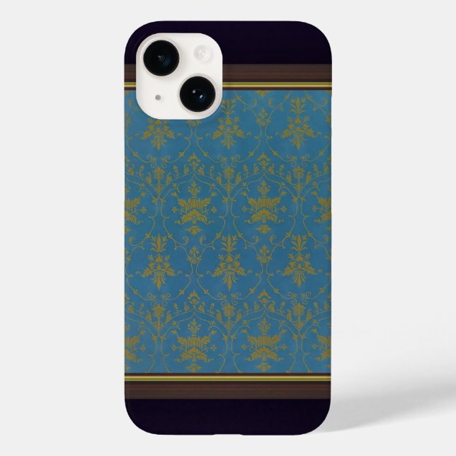 Funda De Case-Mate Para iPhone Patrón floral azul y dorado (Reverso )