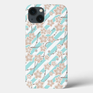 Funda Para iPhone 13 patrón floral beige sobre menta con rayas blancas 