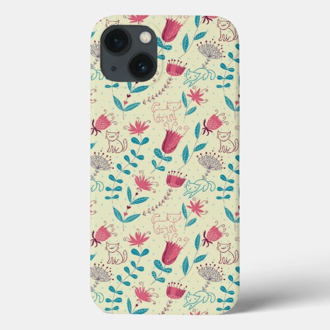 Funda De Case-Mate Para iPhone Patrón floral con gatos personalizados (Reverso)