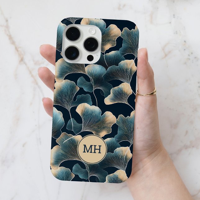 Funda De Case-Mate Para iPhone Patrón floral de Ginkgo azul monogramado elegante (Monogrammed Elegant Blue Ginkgo Floral Pattern Case-Mate iPhone Case)