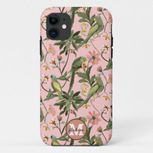 Funda Para iPhone 11 Patrón floral de loro rosado monograma personaliza