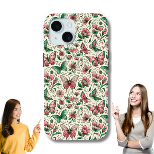 Funda Para iPhone 15 Patrón floral de mariposas rosadas y verdes