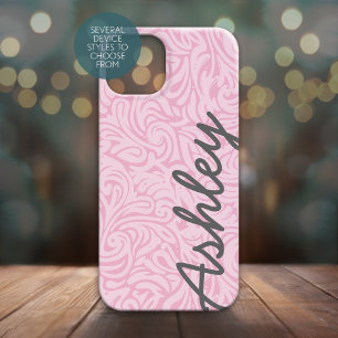 Funda Para iPhone 15 Patrón floral de moda con nombre - rosa y gris