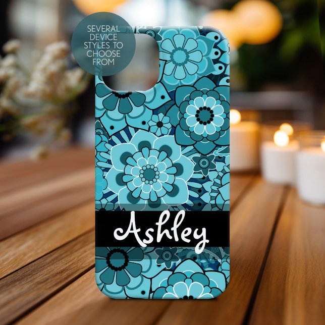 Funda De Case-Mate Para iPhone Patrón floral Funky Blue Retro con nombre (Personalized Phone Case)