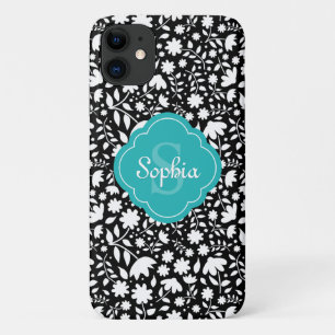 Funda Para iPhone 11 Patrón floral negro de monograma verde azulado