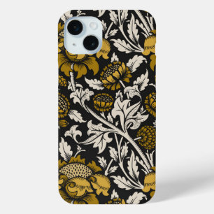 Funda Para iPhone 15 Mini Patrón floral ornamentado con grandes flores dorad