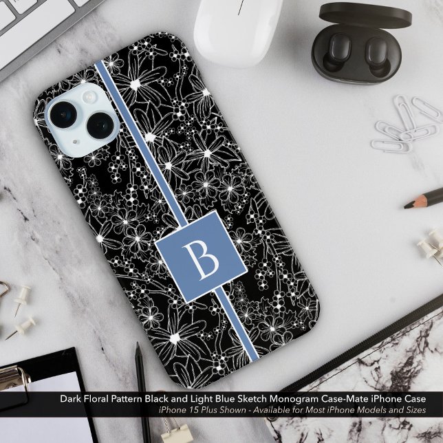 Funda De Case-Mate Para iPhone Patrón floral oscuro Esbozo azul negro monograma (Dark Floral Sketch Look Pattern. Black Flowers with Light Blue Monogram Case-Mate iPhone Case)