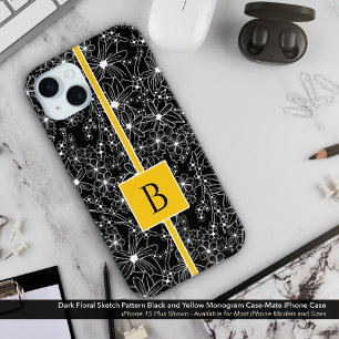 Funda Para iPhone 15 Mini Patrón floral oscuro Monograma de esbozo amarillo 