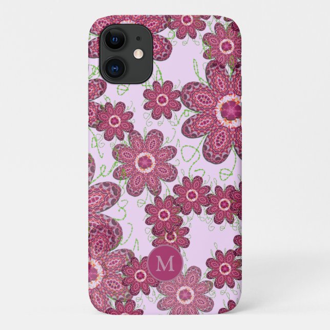 Funda De Case-Mate Para iPhone Patrón floral púrpura de Bonito monogramado (Reverso)