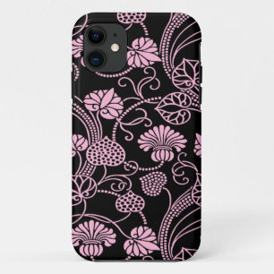 Funda Para iPhone 11 Patrón floral retro rosa sobre negro
