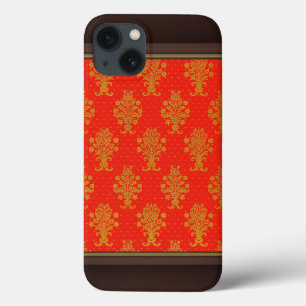 Funda Para iPhone 13 Patrón floral rojo y dorado