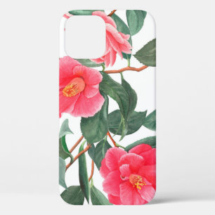 Funda Para iPhone 12 Patrón floral sin soldadura, flores camélicas roja