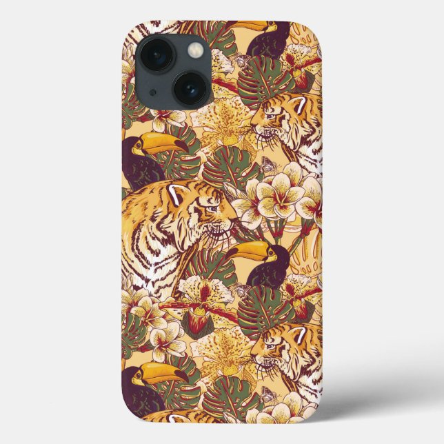 Funda De Case-Mate Para iPhone Patrón floral tropical con tigre (Reverso)