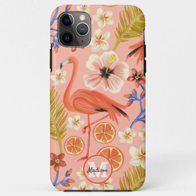 Funda De Case-Mate Para iPhone Patrón floral tropical rosado monogramado Flamingo (Reverso)