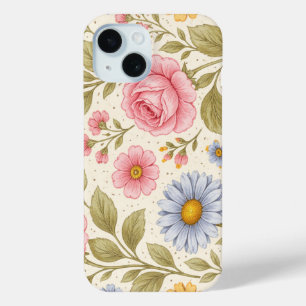 Funda Para iPhone 15 Patrón floral vintage con rosas y margaritas