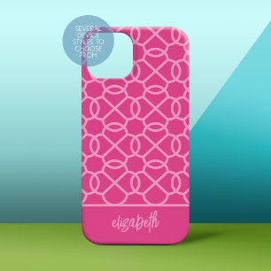 Funda Para iPhone 13 Mini Patrón geométrico rosado caliente con nombre mojad