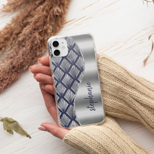 Funda Para iPhone 13 Patrón Glam Art Deco Plata Azul Marino Nombre
