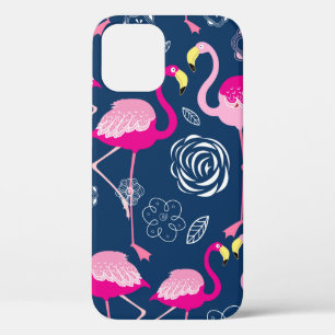 Funda Para iPhone 12 Patrón gráfico de flamencos rosados en una b azul
