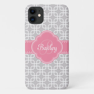 Funda Para iPhone 11 Patrón gris moho Quatrefolium rosado Monograma