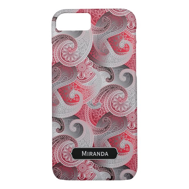 Funda De Case-Mate Para iPhone Patrón gris rojo y paisley negro con monograma (Reverso)