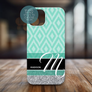 Funda Para iPhone 15 Patrón Ikat con monograma - negro verde verde azul