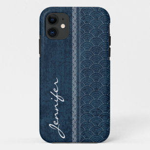 Funda Para iPhone 11 Patrón Indigo Sashiko Nombre de Bordado Japonés