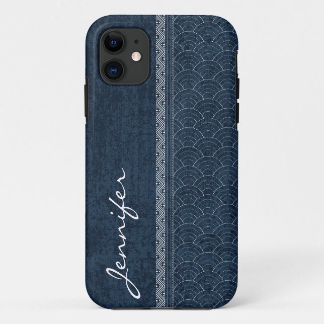 Funda De Case-Mate Para iPhone Patrón Indigo Sashiko Nombre de Bordado Japonés (Reverso)