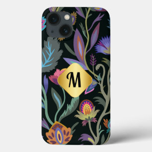 Funda Para iPhone 13 Patrón inicial de flores negras de lujo