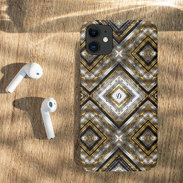 Funda Para iPhone 11 Patrón moderno en plata, oro y negro, monograma