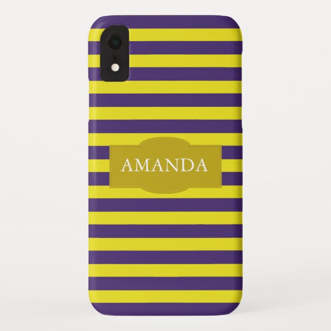 Funda De Case-Mate Para iPhone Patrón Monograma de franja amarilla y púrpura (Reverso)
