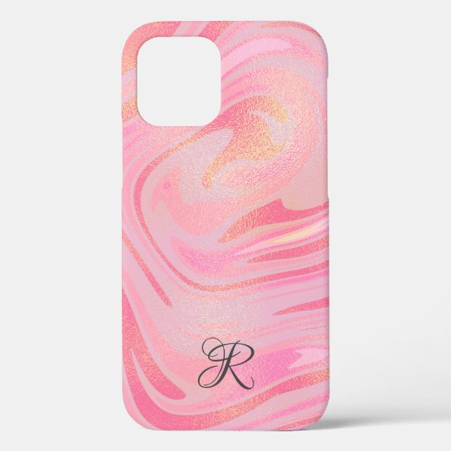Funda De Case-Mate Para iPhone Patrón Monograma De Mármol Rosa Swirl Y Purpurina  (Reverso )