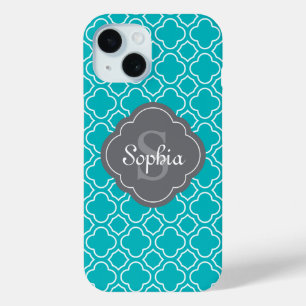 Funda Para iPhone 15 Patrón Monograma Verde azulado y Arábico Gris