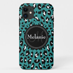 Funda Para iPhone 11 Patrón Monogramado de Leopardo Blanco Negro Verde