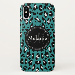 Funda Para iPhone X Patrón Monogramado de Leopardo Blanco Negro Verde 