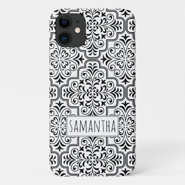 Funda De Case-Mate Para iPhone Patrón negro, blanco damasco personalizado con nom (Reverso)