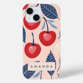 Funda Para iPhone 15 Patrón personalizado de cerezo y hoja monograma