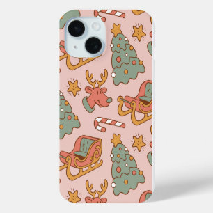 Funda Para iPhone 15 Patrón Retro de Navidad Encantador Estilo Vintage