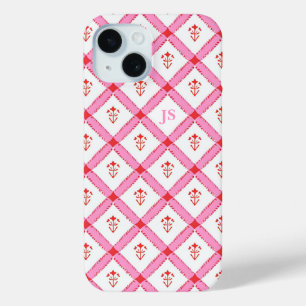 Funda Para iPhone 15 Patrón rojo y rosado con las iniciales