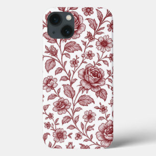 Funda Para iPhone 13 Patrón Rosa de color rojo oscuro