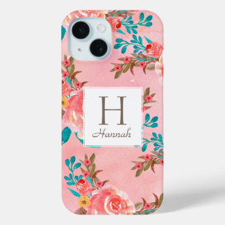 Funda Para iPhone 15 Patrón rosa de monograma floral rosado de bonito