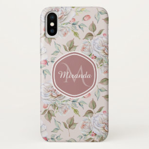 Funda Para iPhone X Patrón rosa rosa pálido con monograma y nombre