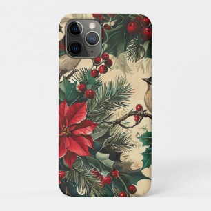Funda Para iPhone 11 Pro Patrón Rústico de Navidades de Pájaros y Poinsetti