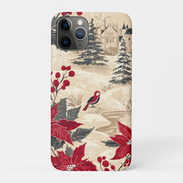 Funda De Case-Mate Para iPhone Patrón Rústico de Navidades de Pájaros y Poinsetti (Reverso)