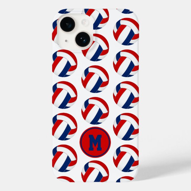 Funda De Case-Mate Para iPhone patrón simple de voleibol azul rojo monogramado (Reverso )