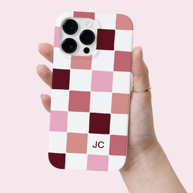 Funda De Case-Mate Para iPhone Patrón simple rosado moderno monograma controlado (Monogram Checkered Pink Modern Simple Pattern Case-Mate iPhone Case)