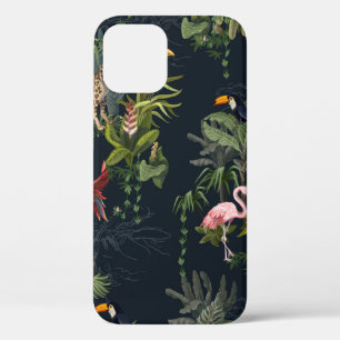 Funda Para iPhone 12 Patrón sin foco con animales de la jungla, flores