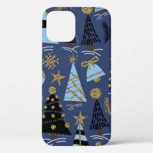 Funda Para iPhone 12 Patrón sin foco con árboles purpurinas Navidades,