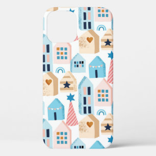 Funda Para iPhone 12 Patrón sin foco con casas escandinavas en blanco