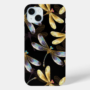 Funda Para iPhone 15 Mini Patrón sin foco con Dragonflies dorados