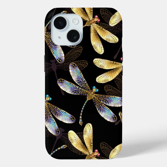 Funda De Case-Mate Para iPhone Patrón sin foco con Dragonflies dorados (Reverso )